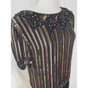 Iridescent Striped Sequin Silk Short Sleeve Top By Sonia NY Paris- Vintage 80s